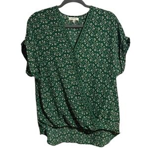Max Studio Women's Blouse Green Floral Wrap V Neck Short Sleeve‎ High Low Size M